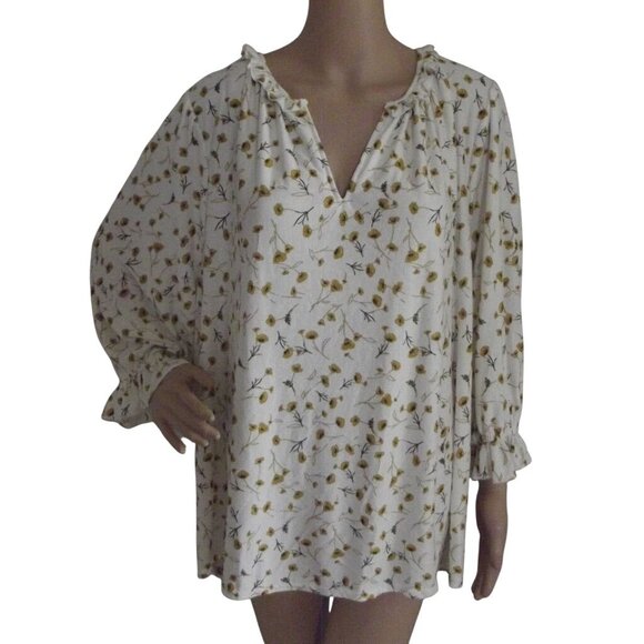 Melloday Blouse Womens Size 2X White Gold Floral Print Ruffle V-neck textured - Picture 2 of 12